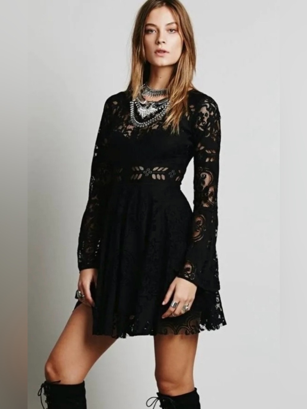 Free People Lace Lover Folk Song Dress Black Lace Size Small